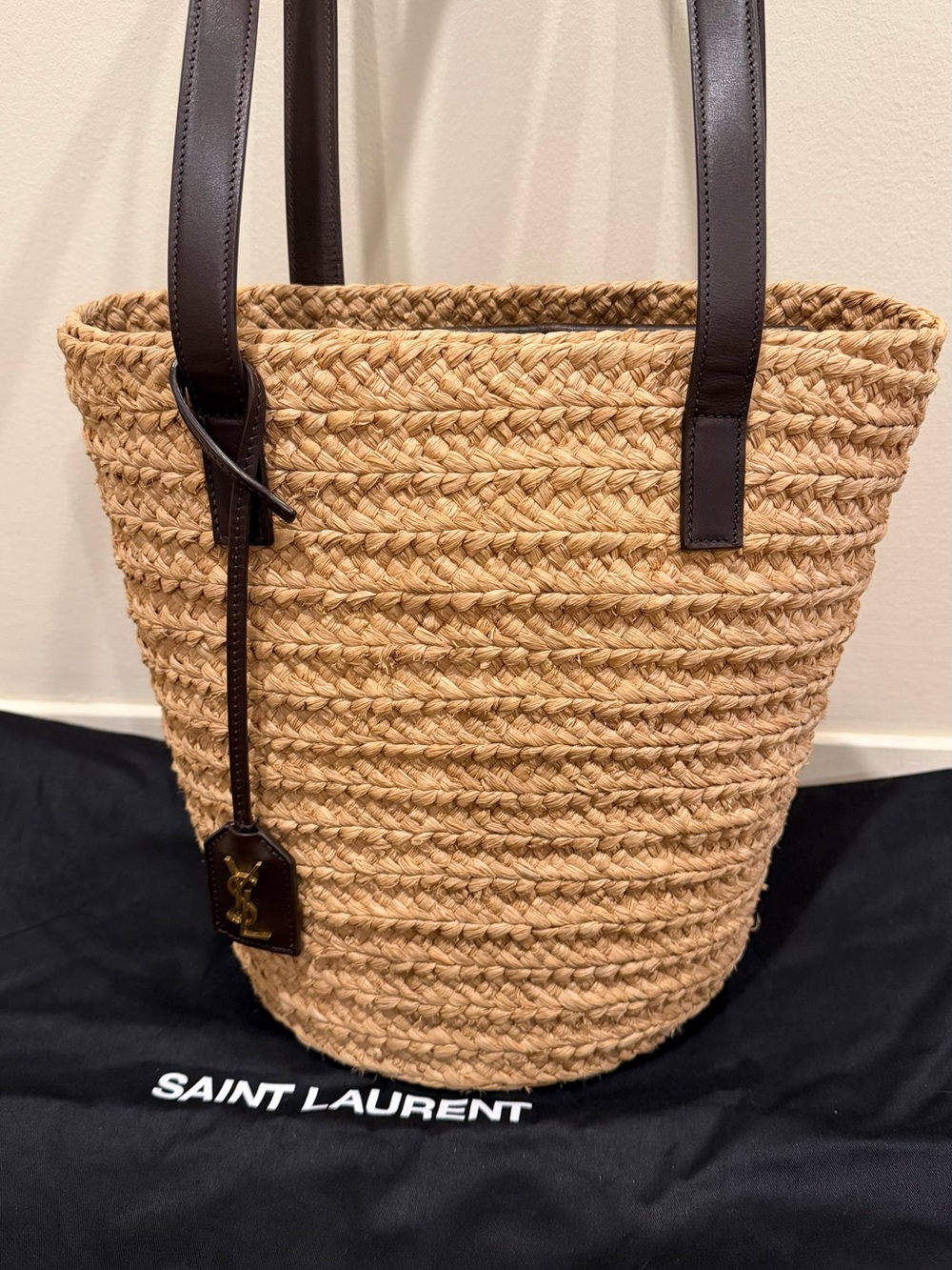 Saint Laurent Panier Raffia Tote with Dark Brown Leather Trim - Picture 2 of 6